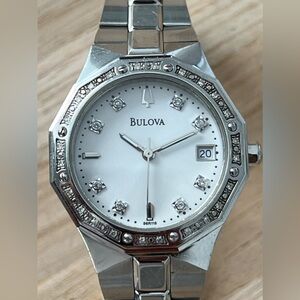 Bulova Diamonds Ladies Watch Diamond Bezel Markers Stainless Bracelet White Dial